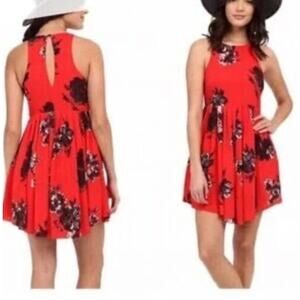 Free People Red Floral Smocked Mini Dress with Tie Back Size Small